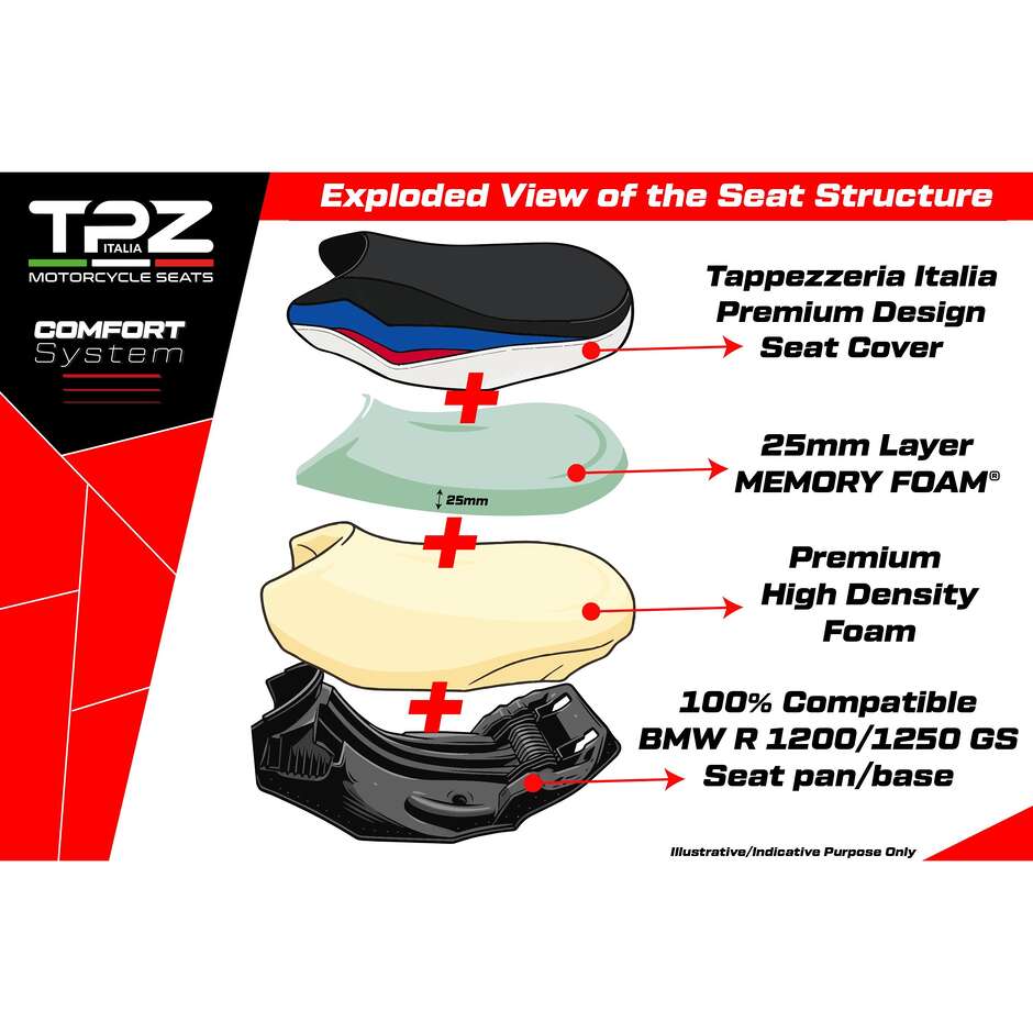 TPZ Italia complete seat, BMW specific, for the R 1250 GS, Paphos model, Comfort System - Standard
