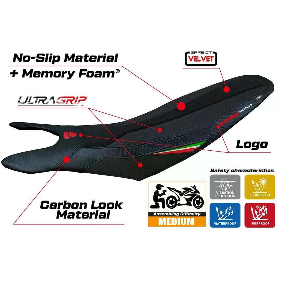 TPZ Italia Seat Cover Specific for Ducati Hypermotard 698 Mono 20242025 Cairoli Velvet Ultragrip Comfort System Model