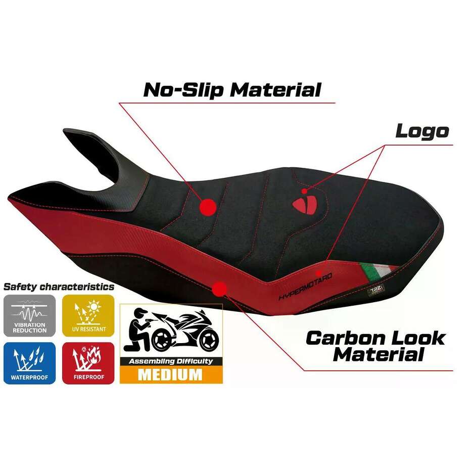 TPZ Italia Seat Cover Specific for Ducati Hypermotard 796 / 1100 / 1100 EVO 2007 2012 Model Ribe 2 Ultragrip