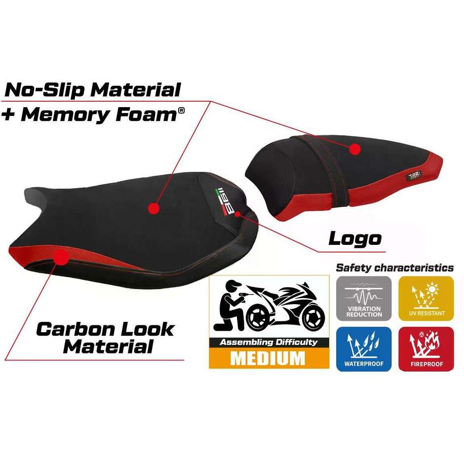 TPZ Italia Sitzbezug speziell für Ducati 848 / 1098 / 1198 (Modelljahre 2007–2013) mit Cervia Velvet Komfortsystem