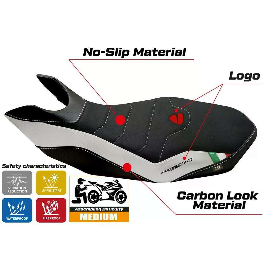 TPZ Italia Sitzbezug speziell für Ducati Hypermotard 796 / 1100 / 1100 EVO (Modelljahre 2007–2012), Ribe 2 Ultragrip