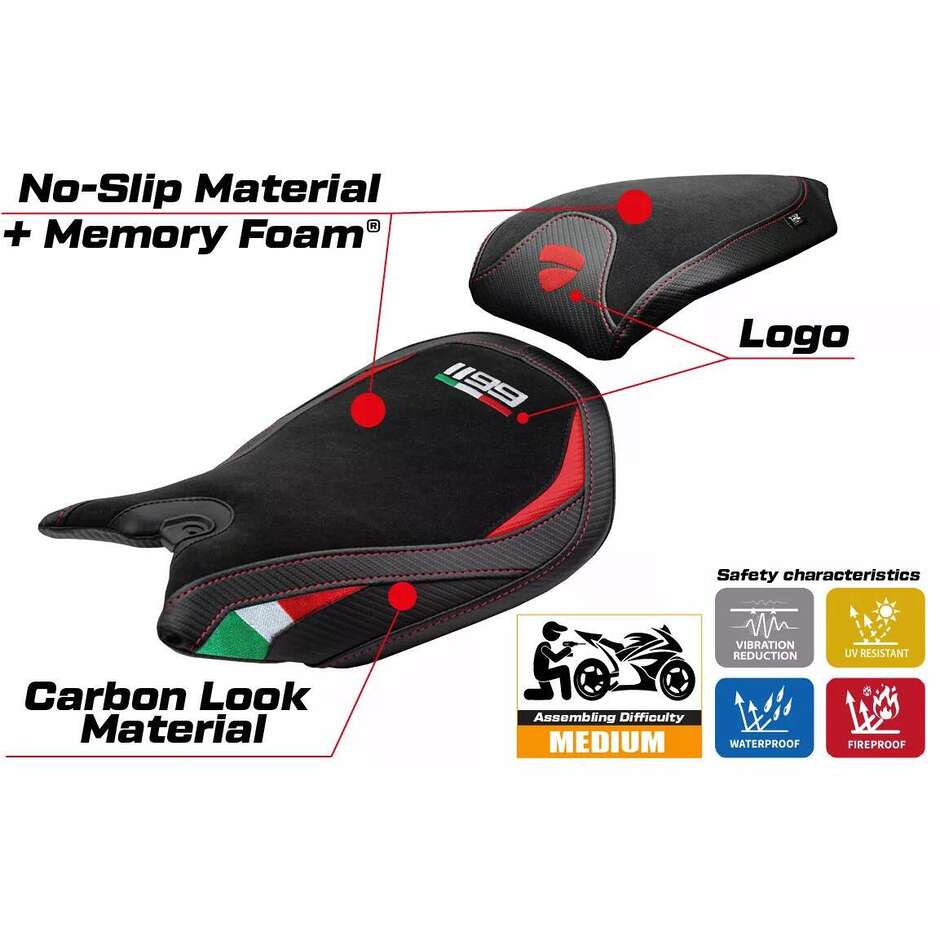 TPZ Italia Sitzbezug speziell für Ducati Panigale 1199 (Modelljahre 2011–2015), Pesaro Velvet Komfortsystem