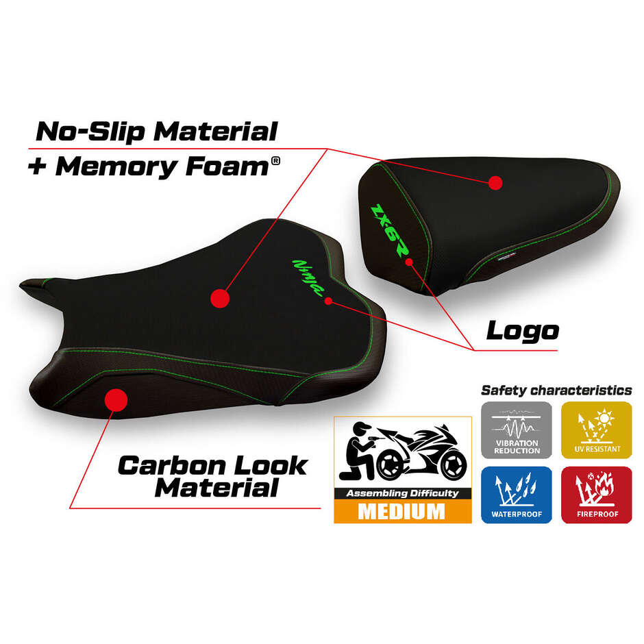TPZ Italia Sitzbezug speziell für Kawasaki Ninja ZX 6 R (Modelljahre 2009–2012), Jakarta 2 Komfortsystem