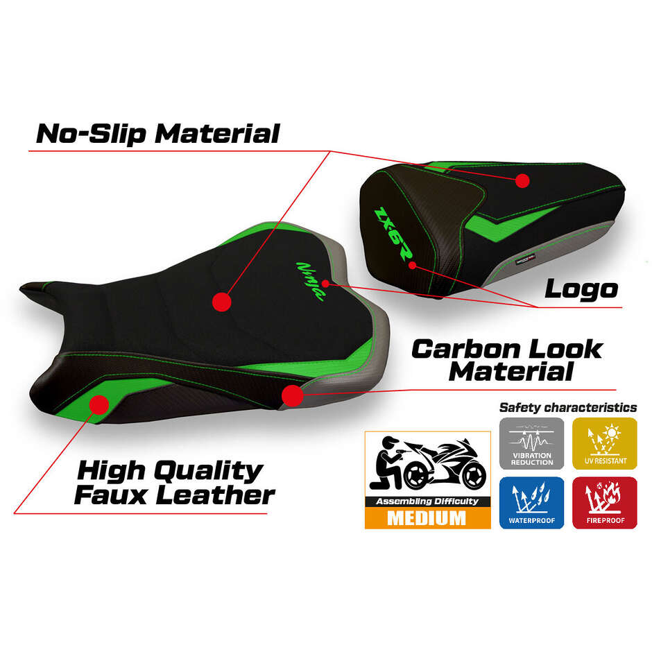 TPZ Italia Sitzbezug speziell für Kawasaki Ninja ZX 6 R (Modelljahre 2009–2012), Sonderfarbe Cracovia, Ultragrip