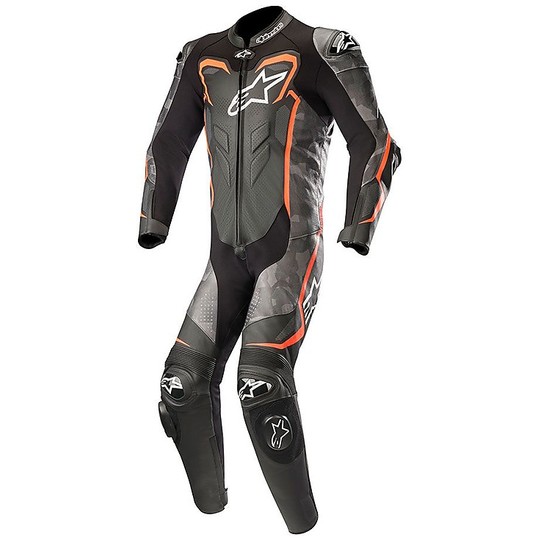 Tuta Moto Intera In Pelle Racing Alpinestars GP PLUS CAMO Nero Rosso Fluo