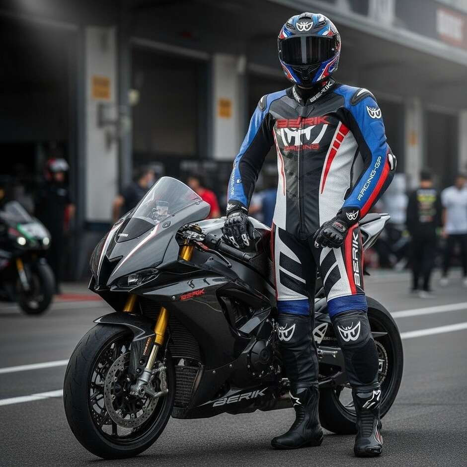 Tuta Moto Professionale In Pelle Berik 2.0 Ls1-171334SP Valencia Nero Bianco Rosso Fluo Blu