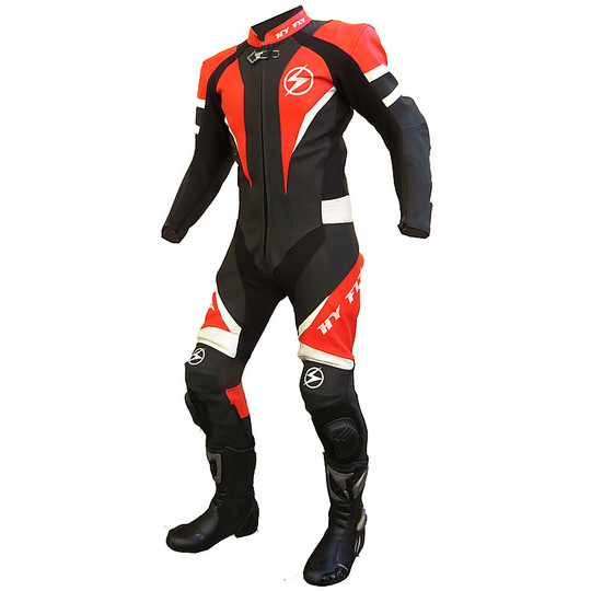 Tuta Moto Professionale In Pelle Traforata Hy-Fly X8 Nero Rosso Con Gobba
