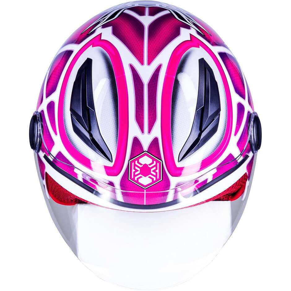 Un casque de moto jet rose Spiderman Junior