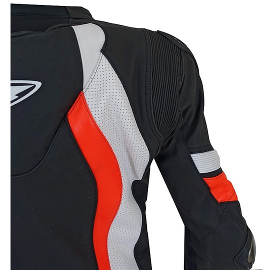 Veste de course moto en cuir Prexport Strike Sport noir blanc rouge