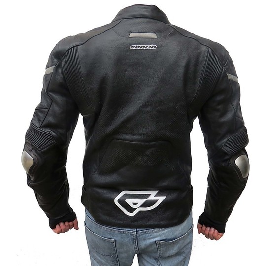 Veste de moto de course technique en cuir titane avec épaules et coudes étanches