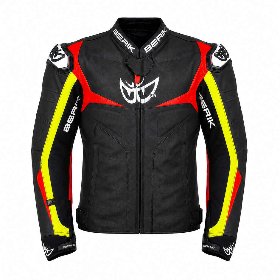 Veste de moto en cuir Berik 2.0 Racing LJ 201314 Noir Rouge Jaune Fluo