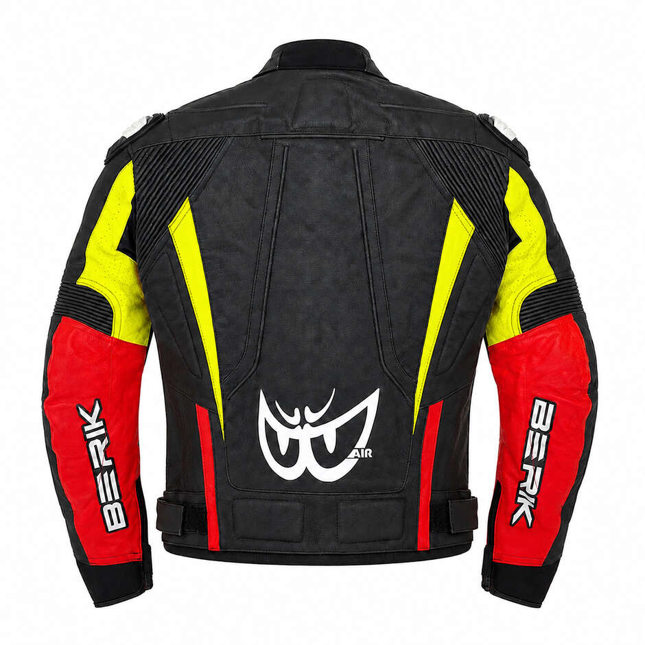 Veste de moto en cuir Berik 2.0 Racing LJ 201314 Noir Rouge Jaune Fluo