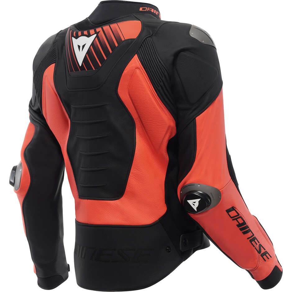 Veste de moto en cuir Dainese SUPER SPEED 5, noir, rouge et blanc fluorescent