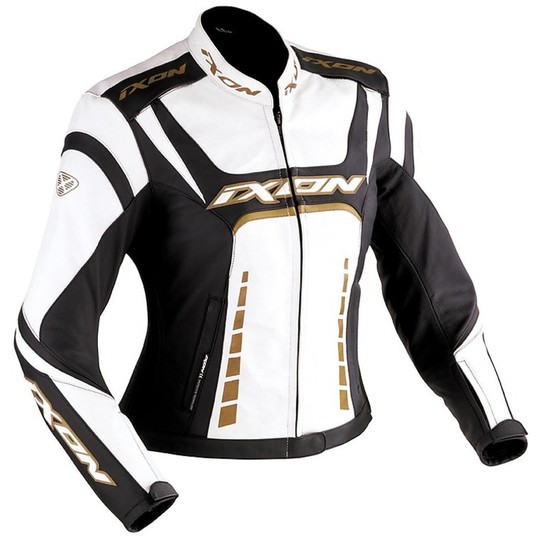 Veste de moto en cuir Lady Ixon Fulgura Blanc / Noir / Or