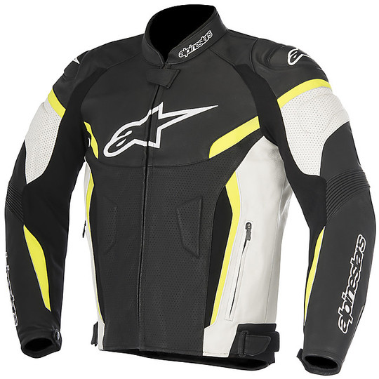 Veste de moto en cuir perforé Alpinestars GP PLUS R v2 AIRFLOW Noir Blanc Jaune Fluo