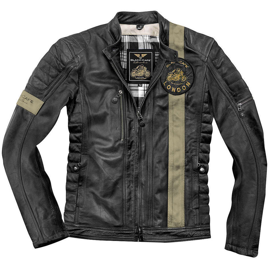 Vintage Black Cafe London Leather Motorcycle Jacket LJ10677 Black Beige