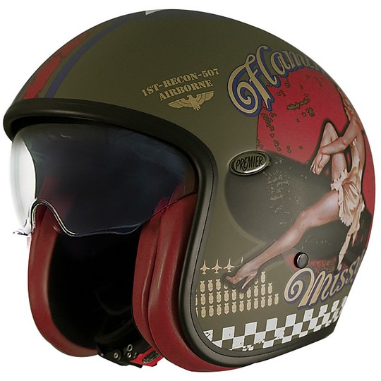 Vintage Jet Motorcycle Helmet in Premier Fiber VINTAGE EVO Pin Up Military Green BM Matt