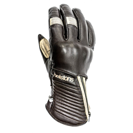 Winter Motorcycle Gloves in Full Grain Leather Helstons Model Stripe Brown White