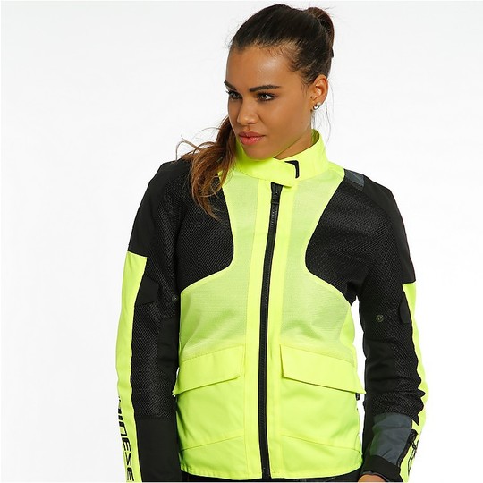 Woman Touring Motorcycle Jacket In Dainese Fabric AIR TOURER Lady TEX Black Fluo Yellow