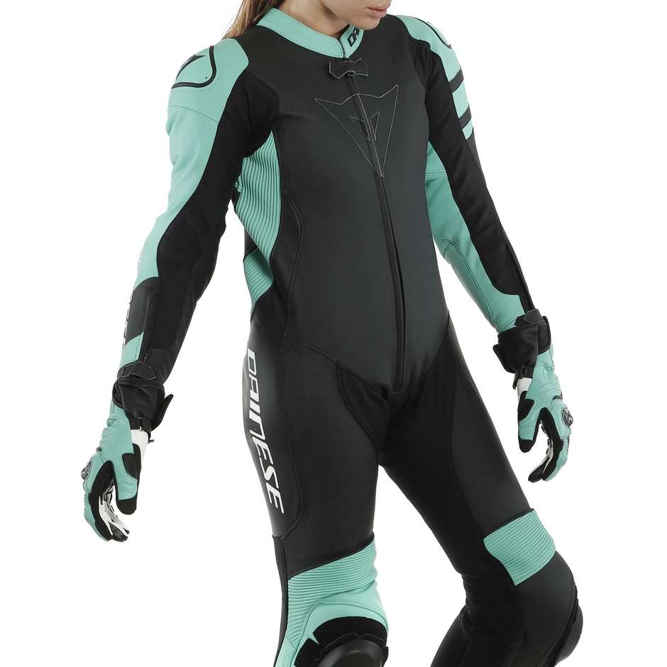 Women's Motorcycle Racing Suit in Dainese KILLALANE Lady 1pc Perforated Leather Black Green Water