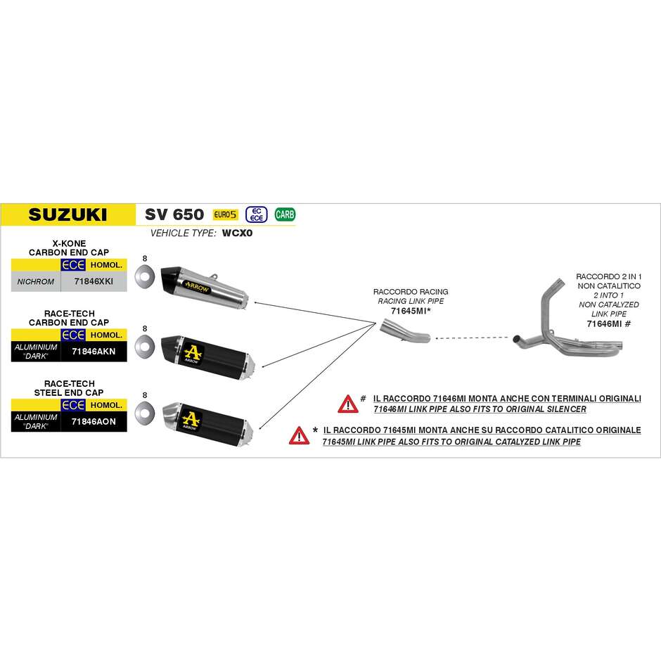 Échappement en titane Arrow Race-Tech avec embout de carburateur pour Suzuki SV 650 (16-24)