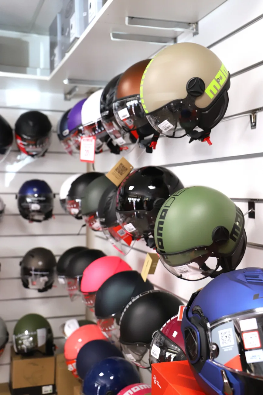 Colourful jet and demi-jet helmets
